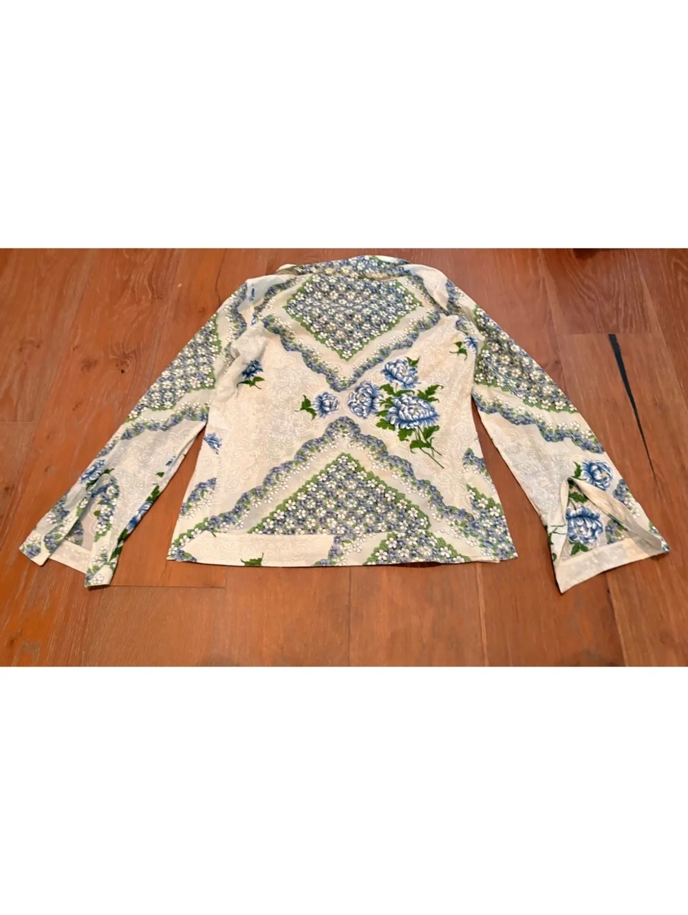 Tory Burch Blue Floral Long Sleeve Blouse Bell Sleeve Cottagecore Size 8